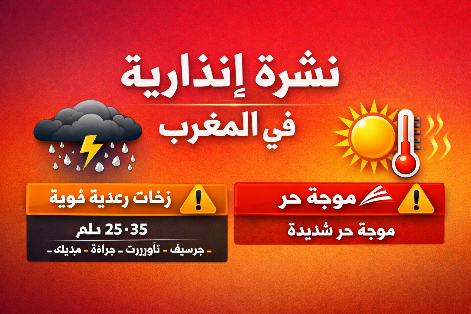 نشرة إنذارية من مديرية الأرصاد الجوية لعدد من المدن  المغربية من مستوى برتقالي اليوم وغدا